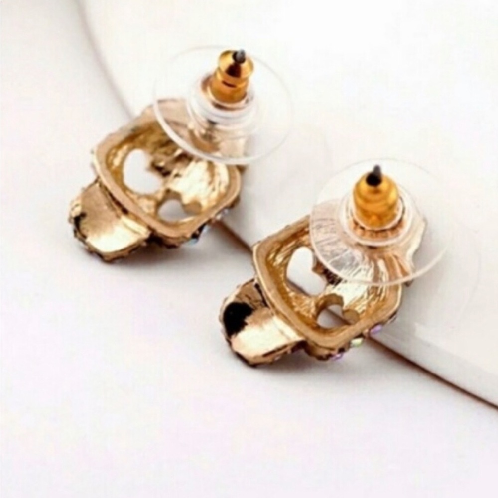 Rose pink  Rhinestone Skull Earrings - Picture 3 of 7